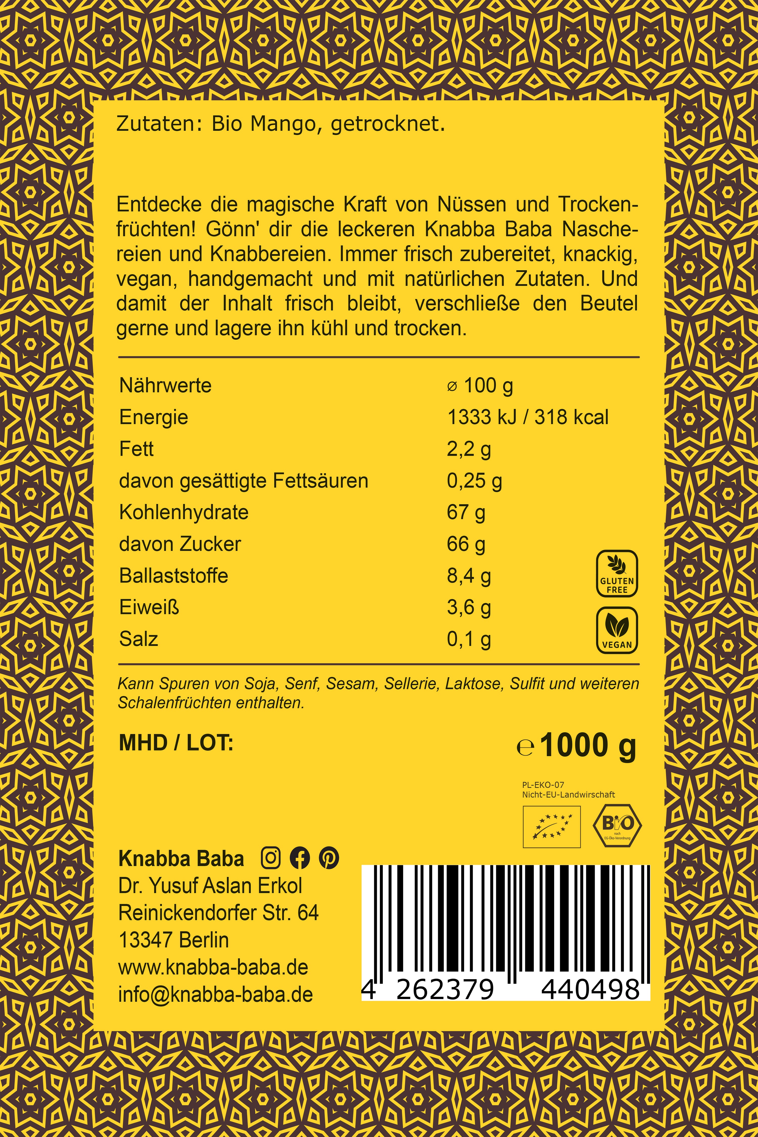 Rückseite der Verpackung von Bio-Mangostreifen 1000 g mit Inhaltsangaben