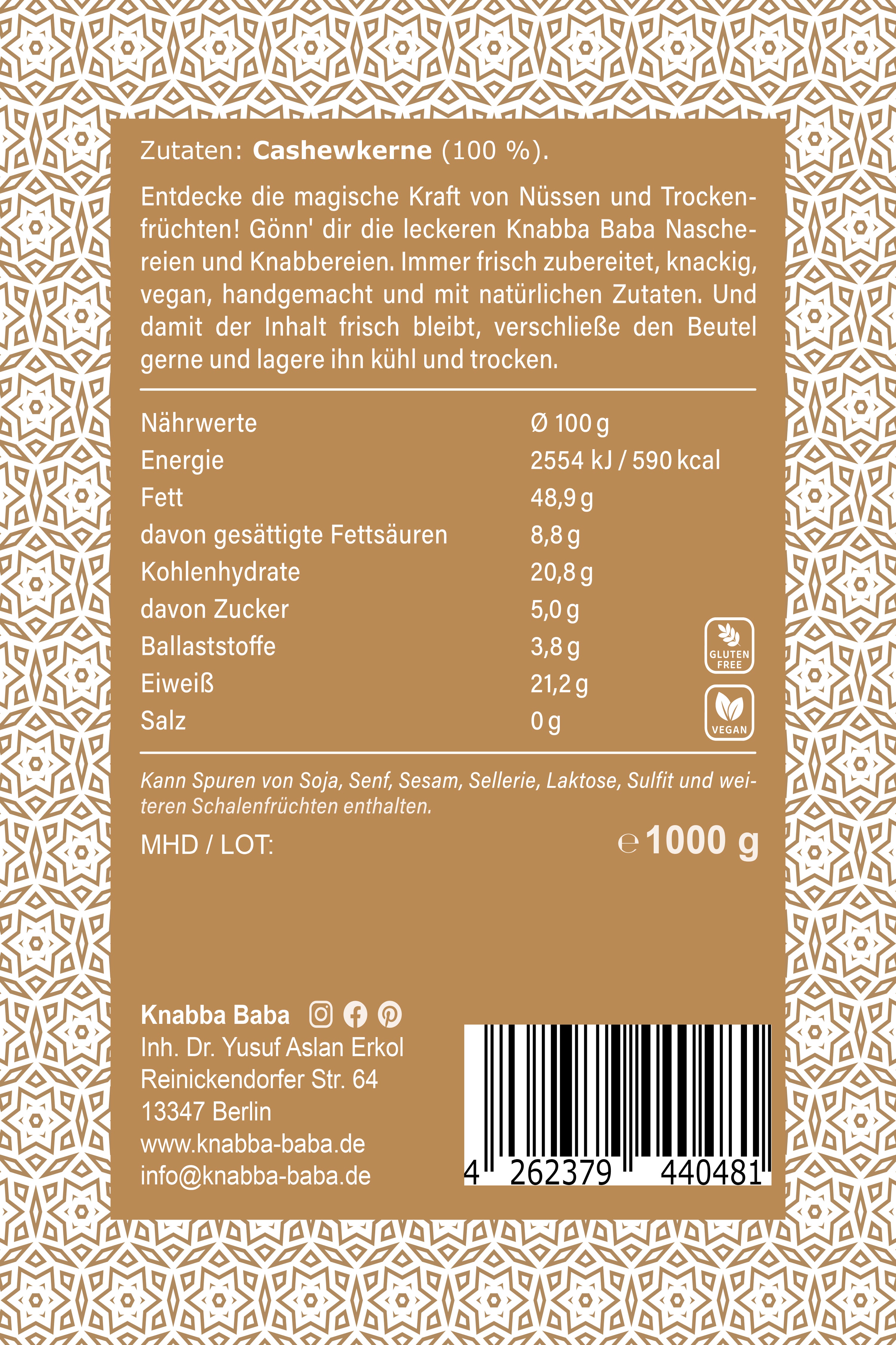 Rückseite der Verpackung von Cashewkerne Bruch natur 1000 g mit Inhaltsangaben