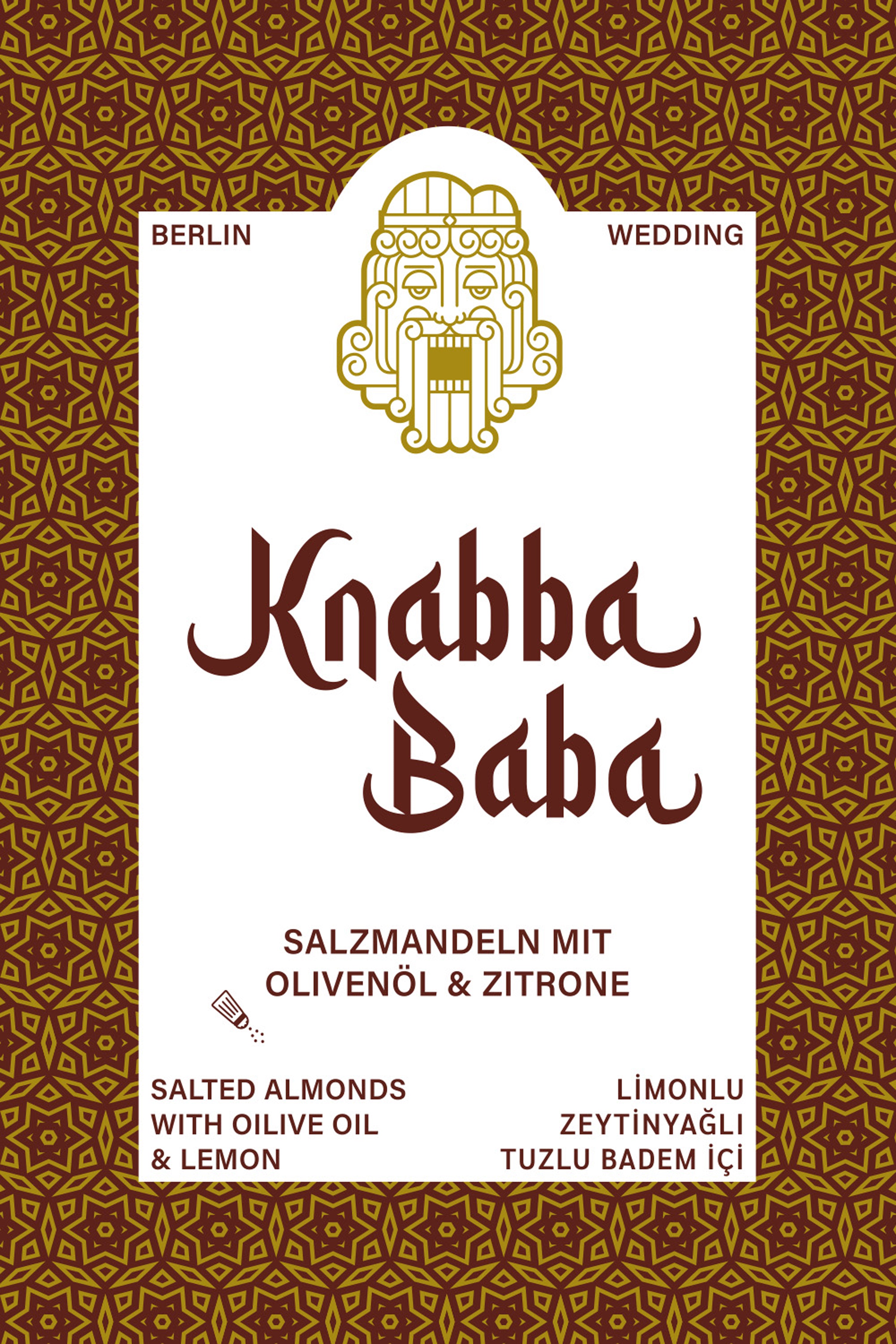 Produktetikett für Knabba Baba Salzmandeln mit Olivenöl und Zitronenöl 1000 g